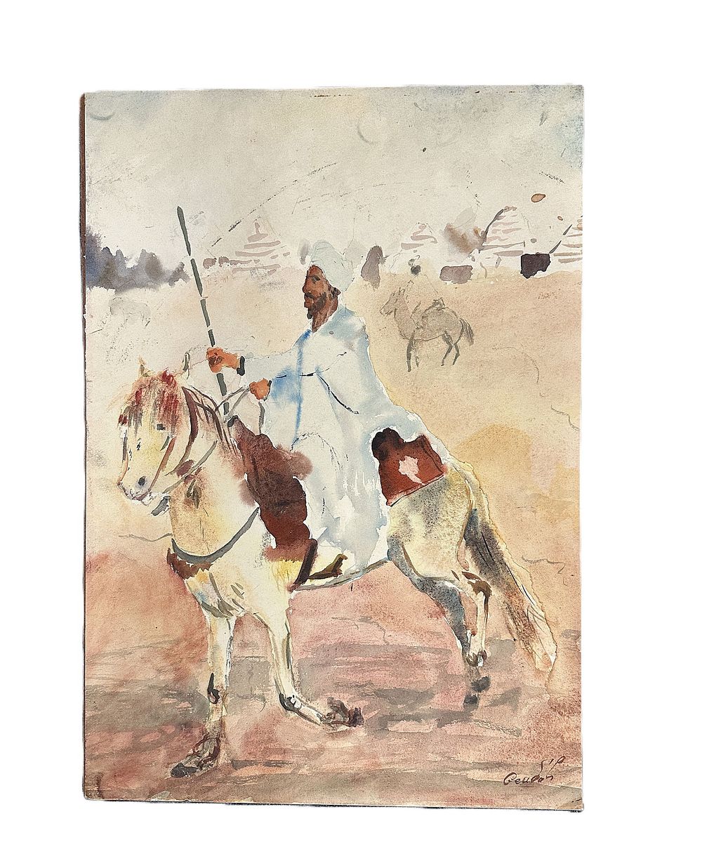 Lot 350: VINTAGE ARABIC WATERCOLOR ON BOARD