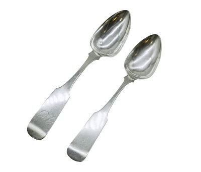 2 ANTIQUE AMERICAN COIN SILVER SERVING SPOONS. 2 Antique American Coin Silver Serving Spoons. 