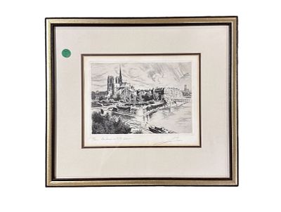 MCM FRENCH ENGRAVING NOTRE DAME. Mid Century French Engraving "Paris La Seine et Notre Dame" 