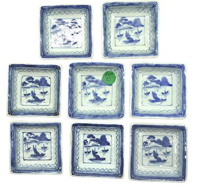 8 CANTON 19TH C SQUARE BUTTER PATS RAIN & CLOUDS. Eight (8) Canton Square Porcelain Butter Pats 