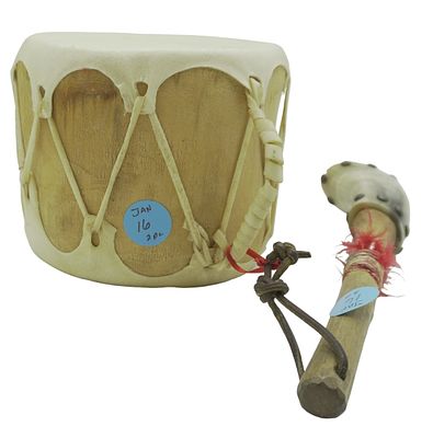 NATIVE AMERICAN HORN RATTLE & DRUM. Native American Horn Rattle 11.5". Native American Drum 