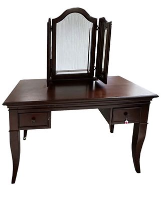 MAHOGANY VANITY DESK WITH MIRROR. NE Kids. Vanity with Tri Fold Mirror. 2 Drawers. Measures 