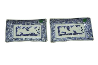 TWO ANTIQUE JAPANESE NAGAZARA (LONG DISH). Two (2) Hand Painted Blue and White Japanese 