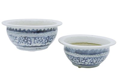 PAIR ANTIQUE CHINESE CACHEPOTS / PLANTERS. Pair of antique Chinese blue and white porcelain 