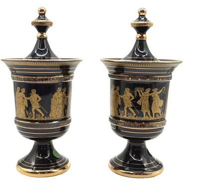PAIR COBALT BLUE 24K GREEK COVERED URNS. Pair of Greek Spyropoulos Cobalt Blue with 24k Gold 