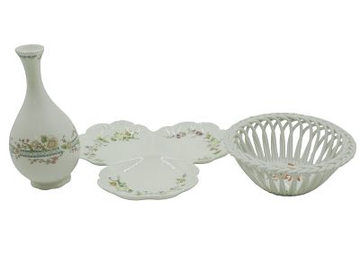 3 PC HEREND, WEDGWOOD, COALPORT PORCELAIN. 1- Herend Open Weave Bowl 5.25"x2". 2- Wedgwood 