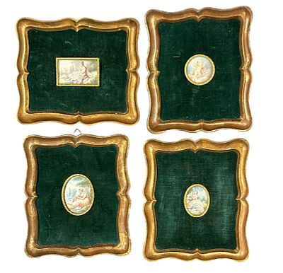 4 HAND PAINTED MINIATURE PLAQUES FRAMED. 4 Hand Painted Neoclassical Plaques. All in Gilt Frames 