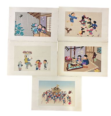 5 HITOSHI KIYOHARA WOODBLOCK PRINTS CHILDREN. HITOSHI KIYOHARA (Japan, 1896-1956) Five views of 