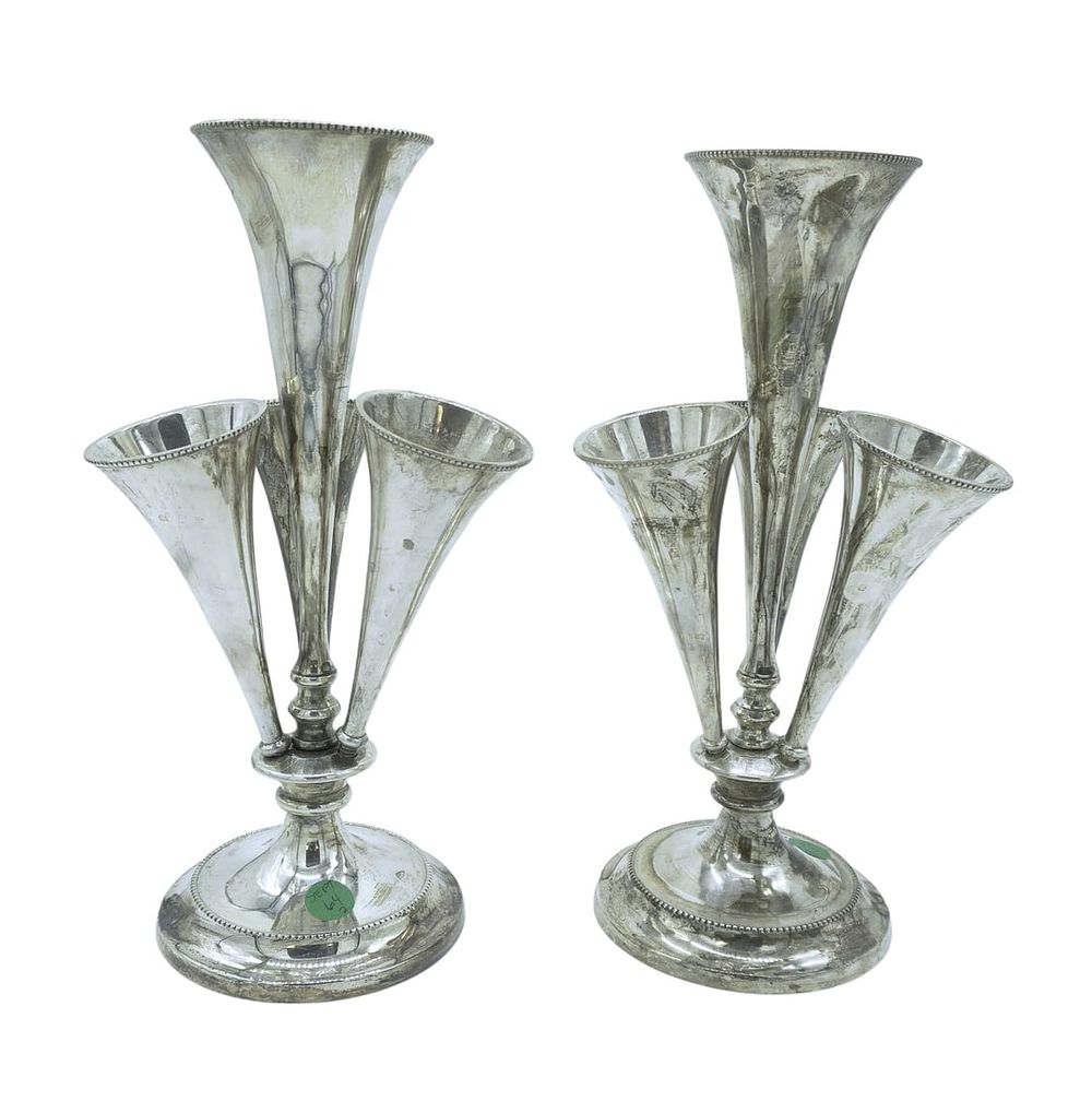 Lot 64: PAIR FOUR FLUTE EPERGNE SILVER PLATE