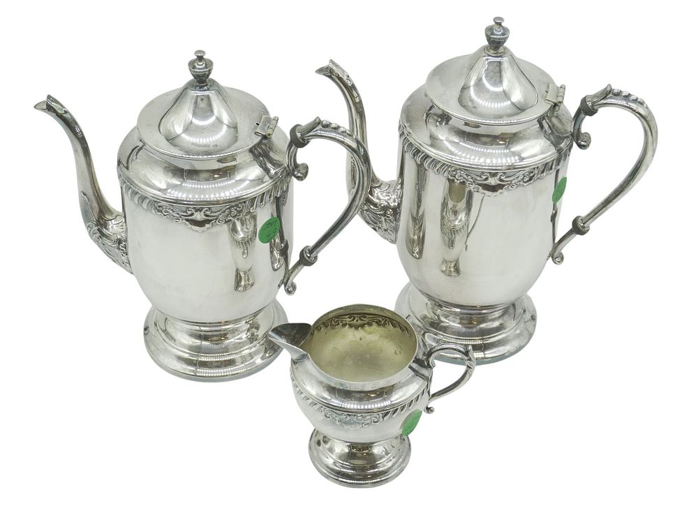 Lot 69: SHERIDAN 3 PC SILVER ON COPPER TEA SET