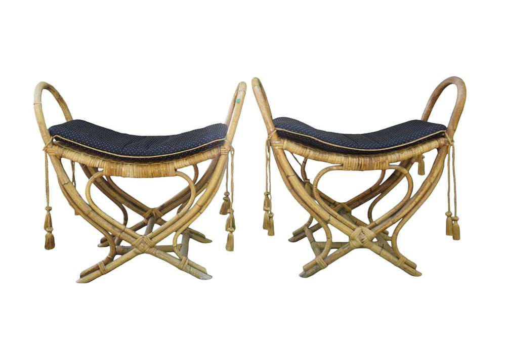 Lot 81: MATCHED PAIR OF RATTAN BAMBOO BENCHES