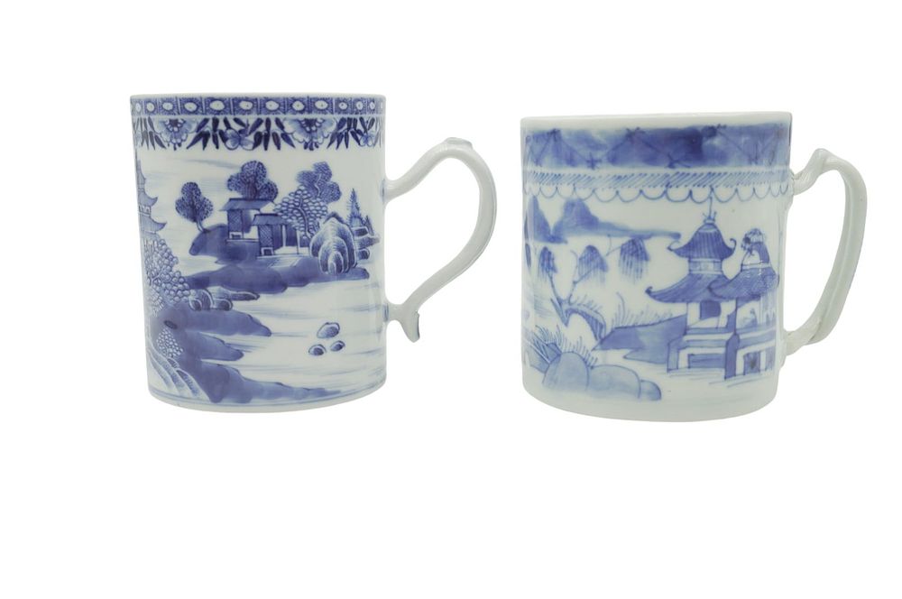 Lot 85: 2 ANTIQUE CHINESE CANTON WARE BLUE & WHITE MUGS