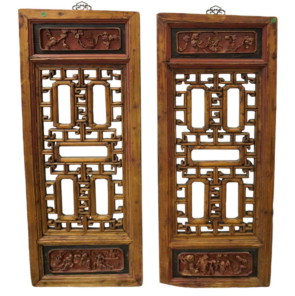 Lot 92: PAIR CHINESE CARVED WOOD PANELS 47.5 INCH
