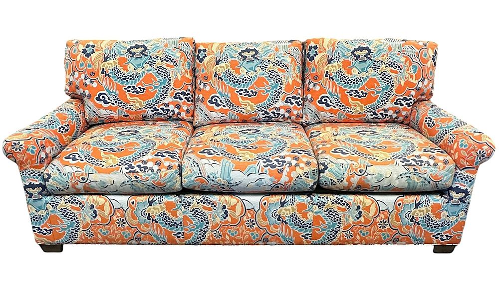 Lot 140: WESLEY HALL SOFA CORAL & TURQUOISE IMPERIAL DRAGON