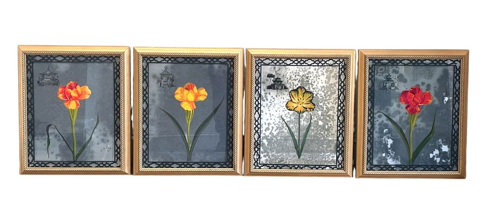 Lot 142: SET OF 4 TULIPS REVERSE PAINTED ON GLASS FRAMED