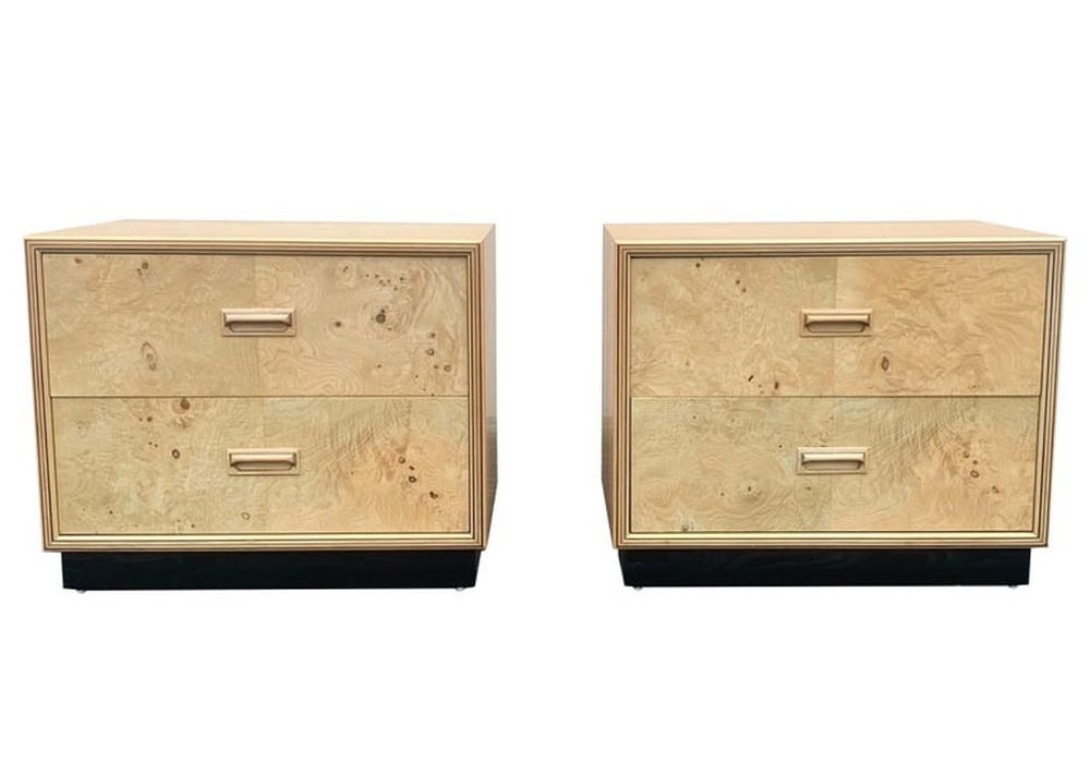 Lot 143: PAIR HENREDON SCENE TWO NIGHTSTANDS BURL OLIVE WOOD