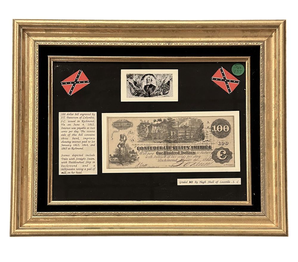 Lot 157: CONFEDERATE 100 DOLLAR NOTE 1862 FRAMED