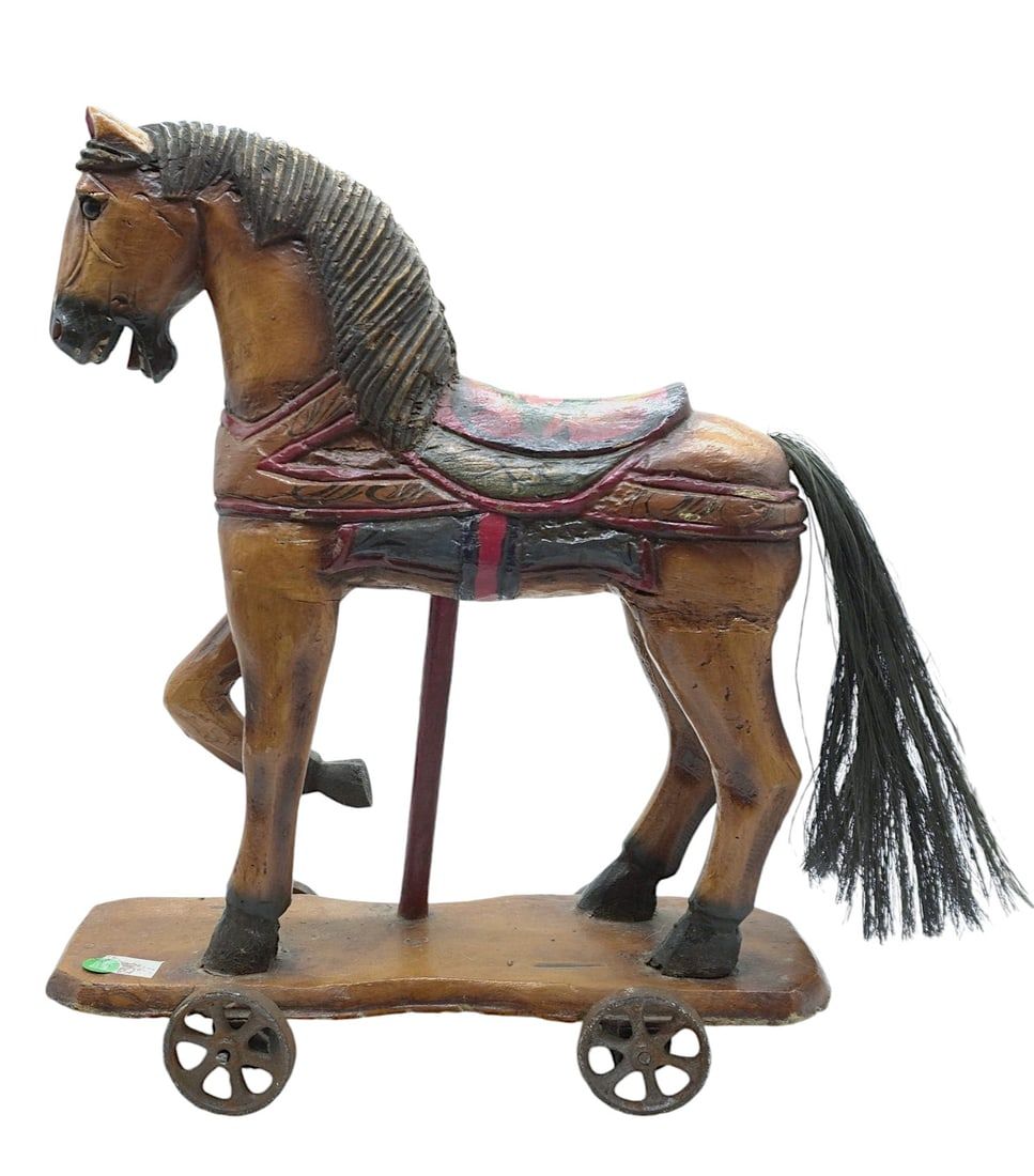 Lot 162: VINTAGE HAND CARVED WOOD HAND PAINTED TOY HORSE