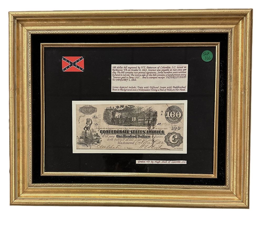 Lot 166: CONFEDERATE 100 DOLLAR NOTE 1862 FRAMED
