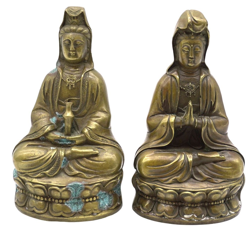Lot 168: PAIR VINTAGE BRASS GUANYIN ON LOTUS