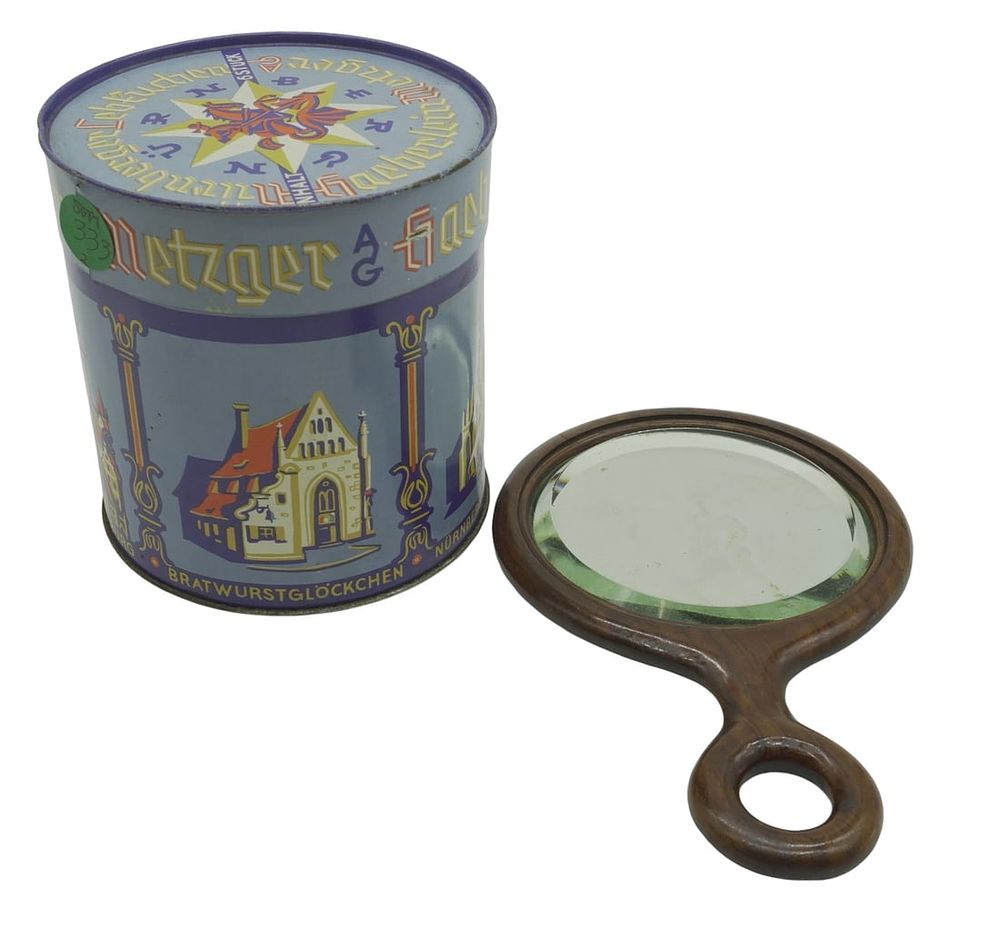 Lot 333: 2 PC WWII COOKIE TIN & WOOD HAND MIRROR