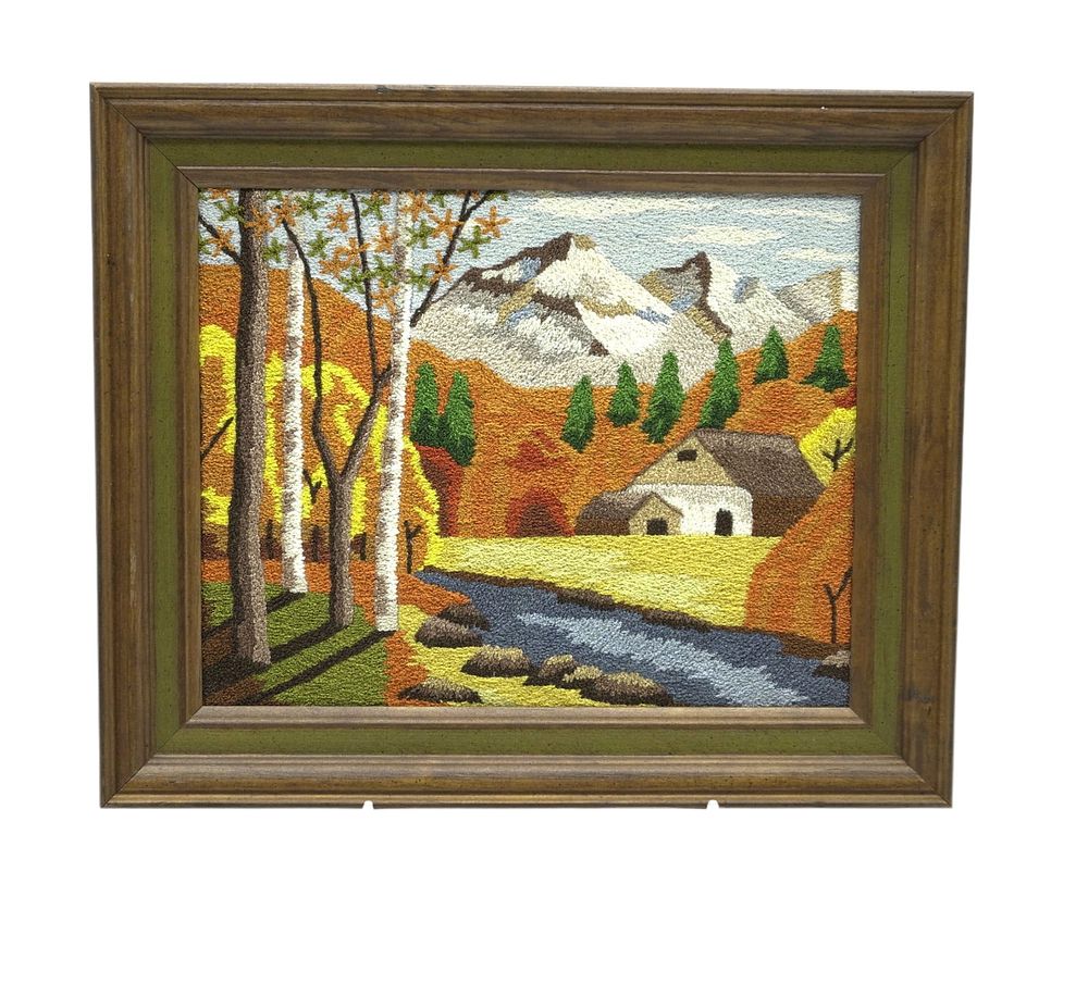 Lot 361: VINTAGE FRAMED YARN ART AUTUMNAL SCENE