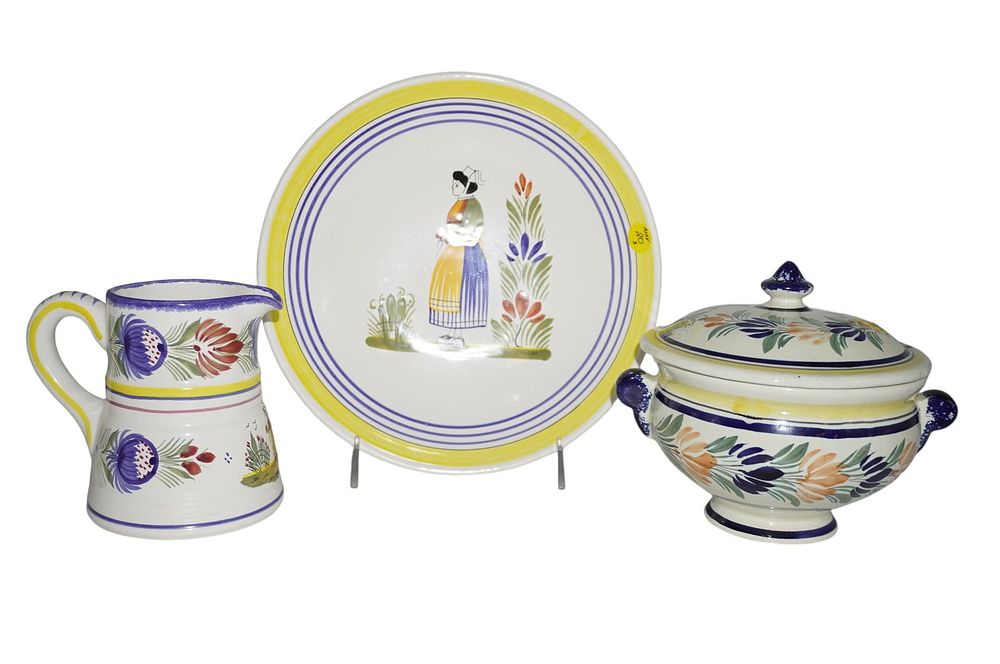 Lot 20: 3 PC HENRIOT QUIMPER FAIENCE - FOOTED BOWL, PITCHER +