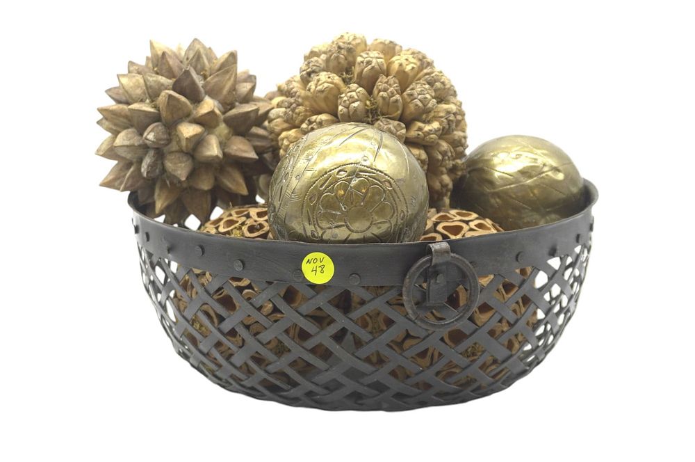 Lot 48: WOVEN IRON BASKET WITH DRIED POD & BRASS BALLS