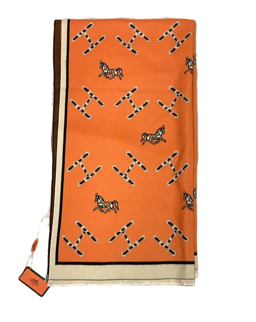 Lot 193: LONG EQUESTRIAN ORANGE CASHMERE & SILK PASHMINA SCARF / WRAP