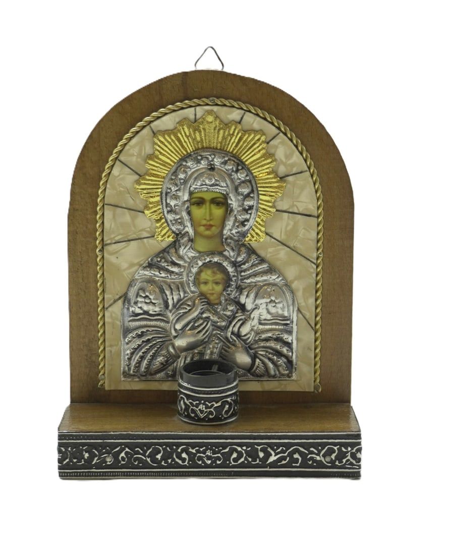 Lot 251: VINTAGE GREEK ORTHODOX ICON WITH CANDLE