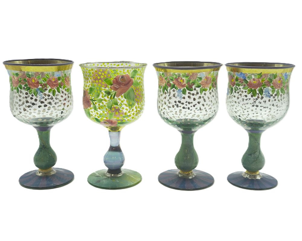 Lot 272: HAND PAINTED MACKENZIE-CHILDS CIRCUS WATER GOBLETS - 4 PIECES