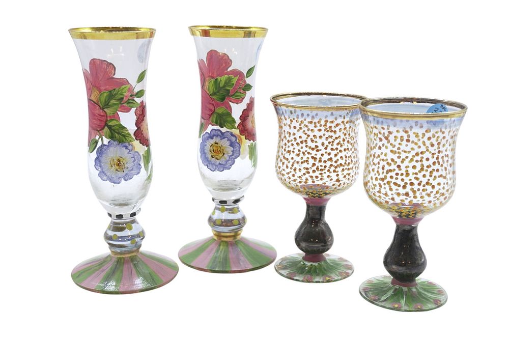 Lot 320: VINTAGE MACKENZIE-CHILDS HAND PAINTED GLASSES - 4 PIECES