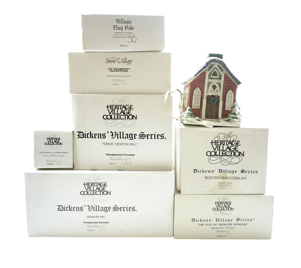Lot 328: MISC. CHRISTMAS VILLAGE LOT, 11 PIECES - DEPARTMENT 56 SNOW VILLAGE, DICKENS VILLAGE, AND MORE!