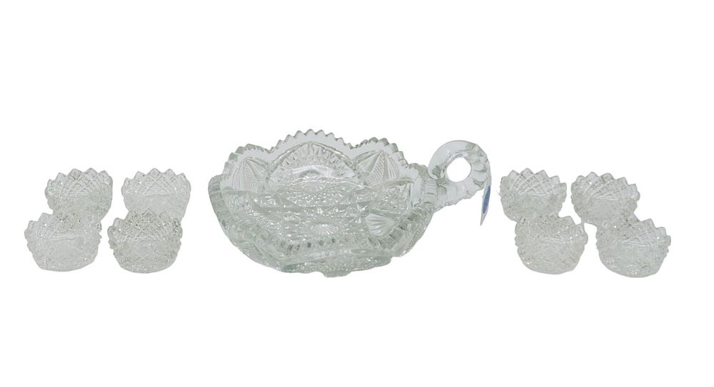 Lot 350: AMERICAN BRILLIANT CUT GLASS SALT CELLARS AND NAPPY - 9 PIECES