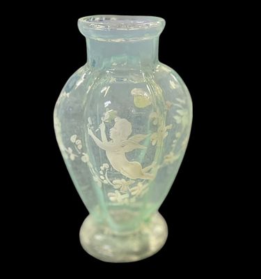 CHERUB ENAMELED VASELINE GLASS VASE. Antique Cherub Enameled Vaseline Glass Vase. Great glow. 