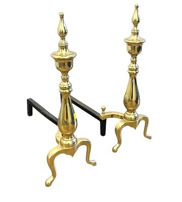 VINTAGE SOLID POLISHED BRASS ANDIRONS. Vintage American Made Solid Polished Brass Andirons. Each 