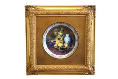 MARK ROBERTS DESIGN GILT FRAMED PORCELAIN STILL LIFE. Mark Roberts Design Ornate Gilt over Red 