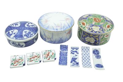 10 PC JAPANESE PORCELAIN BOXES & CHOPSTICK RESTS. All are Japanese Porcelain. 1- Takahashi Blue 