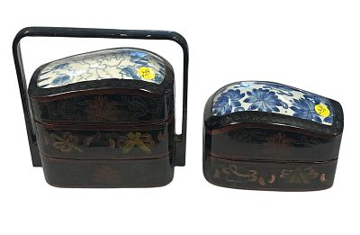 PAIR JAPANESE LACQUER & PORCELAIN BENTO BOXES. Pair of Antique Japanese Lacquer &amp; Porcelain 