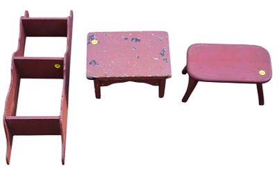 3 pc FARMHOUSE PRIMITIVE STOOLS & SHELF. 3 Piece Farmhouse Primitive Red Painted Stools and 