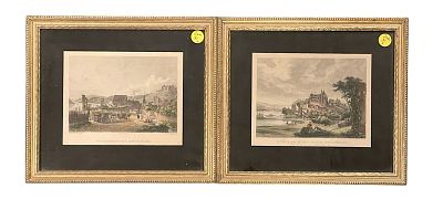 PAIR OF ANTIQUE 1840 AQUATINT ENGRAVINGS "FRENCH TOWN SCENES". Pair of Antique c. 1840 Hand 