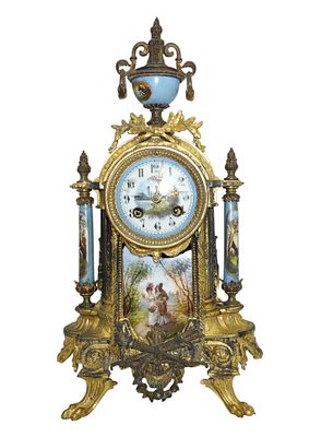 ANTIQUE FRENCH SEVRES STYLE GILT METAL & PORCELAIN CLOCK. Antique French Sevres Style Gilt Metal 