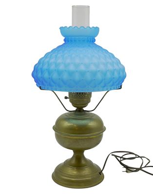 BRASS STUDENT LAMP WITH PUFFY SATIN GLASS SHADE. Antique Brass Student Lamp with Puffy Satin 