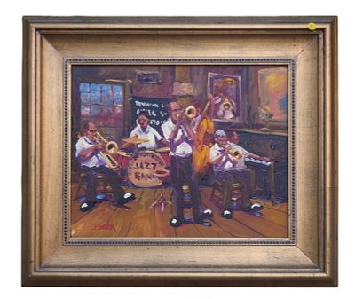 NEW ORLEANS JAZZ BAND OIL ON CANVAS SILVER. New Orleans Jazz Band Impressionist Oil on Canvas 