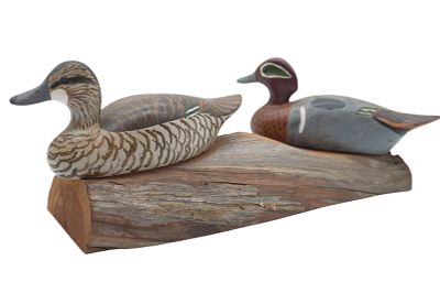 HERB DAISEY JR CARVED WOOD TEAL DUCK COUPLE. Herb Daisey Jr. of Chincoteague, VA Carved Wood 
