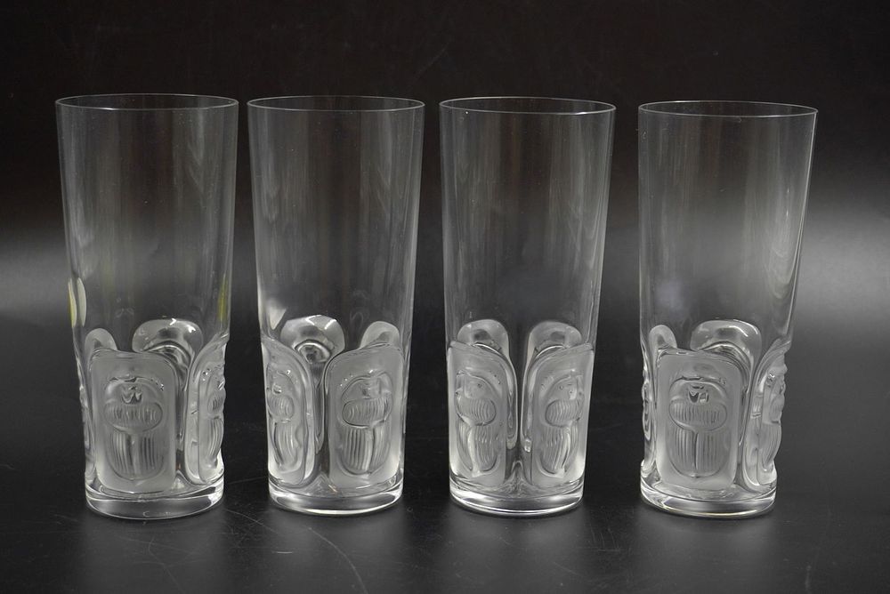 Lot 157: 4 LALIQUE CRYSTAL KHEPRI 12 OZ HIGHBALL TUMBLERS