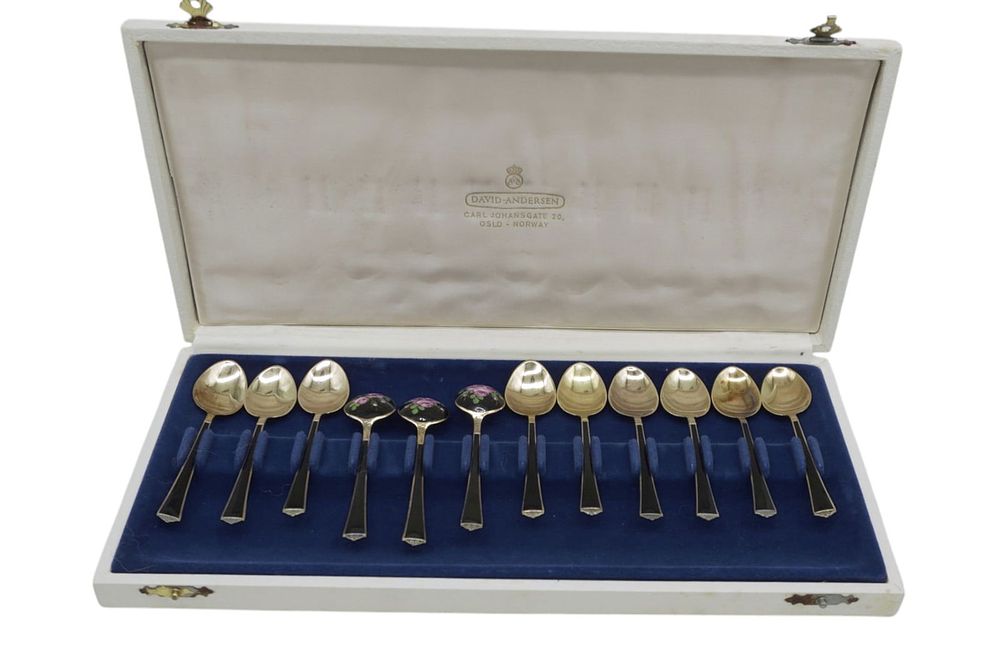 Lot 159: 12 DAVID ANDERSON STERLING ENAMELED DEMITASSE