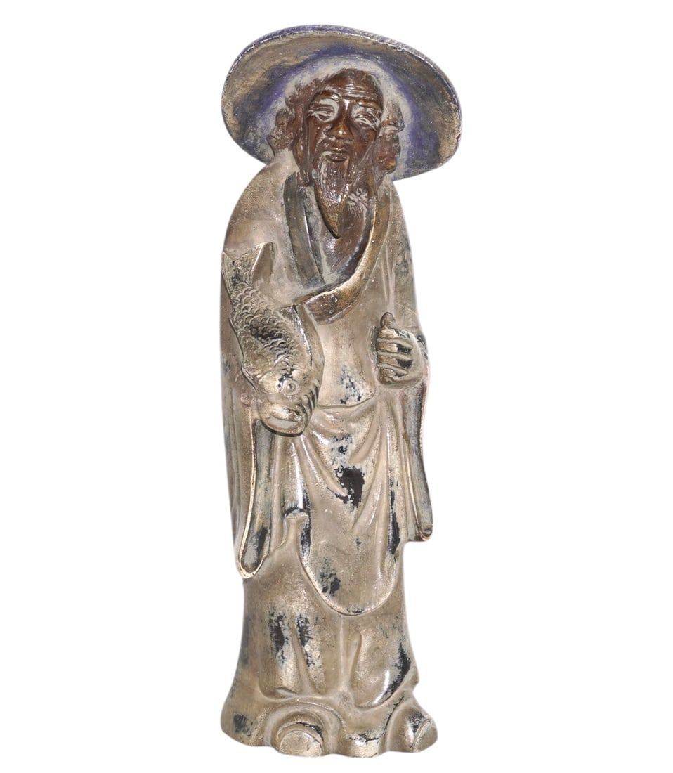 Lot 179: BRONZE JAPANESE WISEMAN WITH FISH STATUE