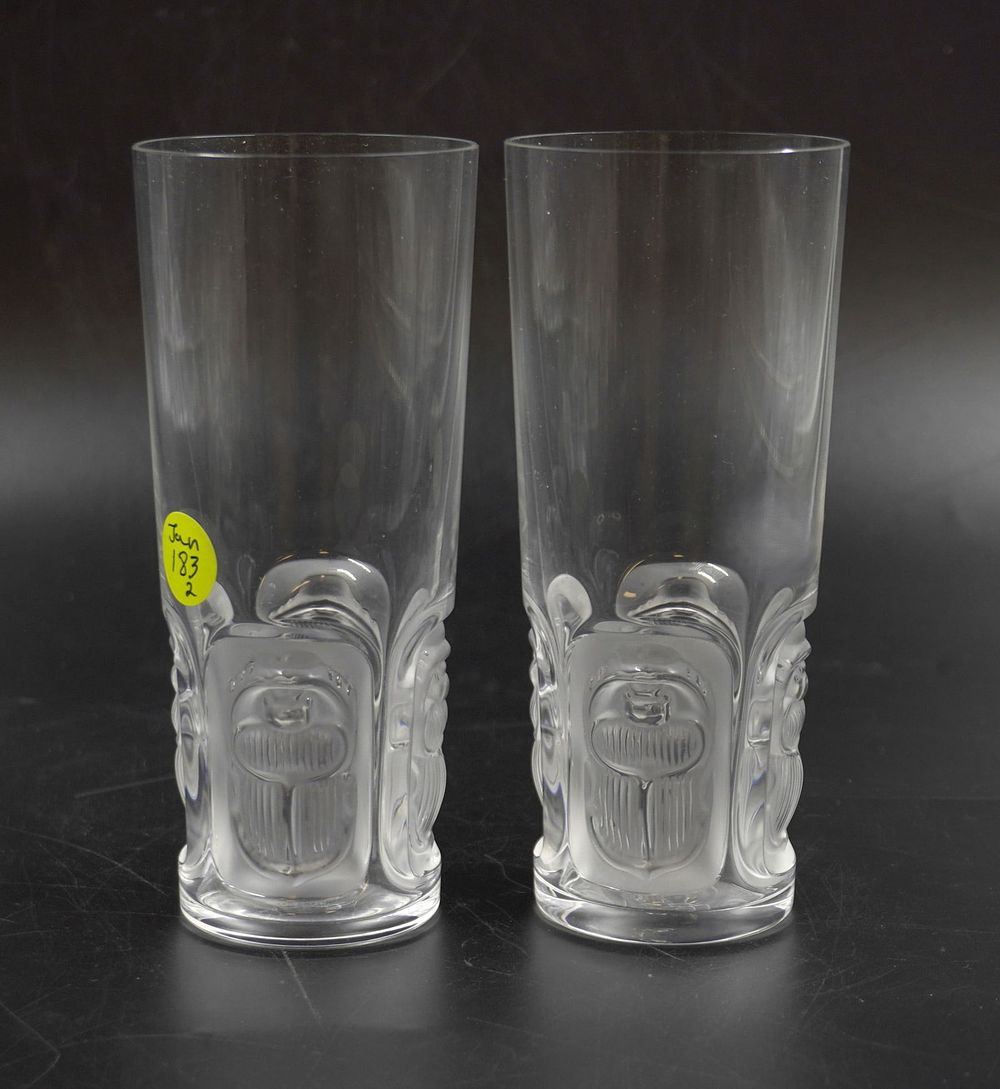 Lot 183: 2 LALIQUE CRYSTAL KHEPRI 12 OZ HIGHBALL TUMBLERS