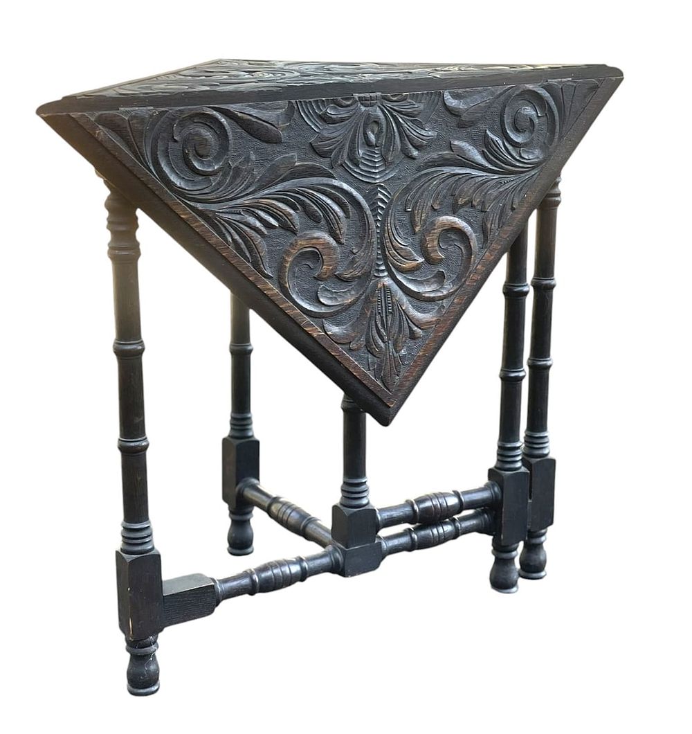 Lot 205: ANTIQUE ENGLISH OAK DROP LEAF CARVED CRICKET TABLE